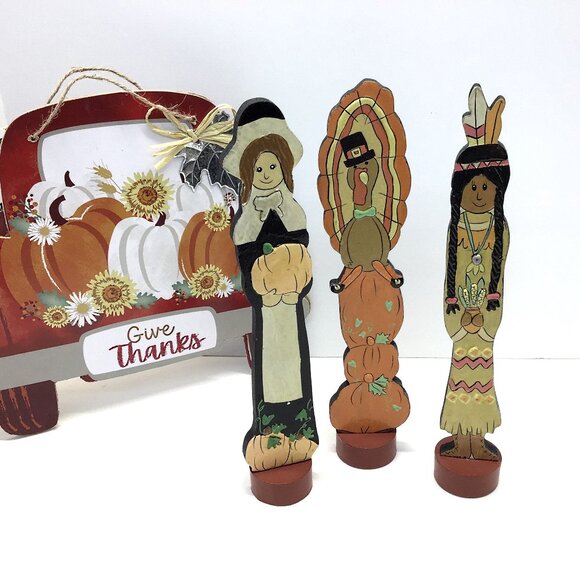 Vintage Lot Of 4 Slender Pilgrims & Native American Thanksgiving Fall Figurines - Picture 5 of 8